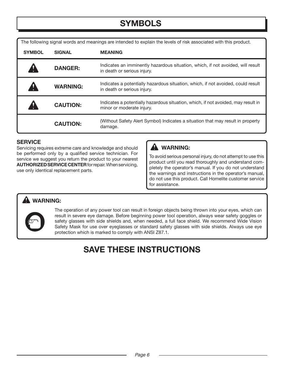 Save these instructions, Symbols | Homelite VAC ATTACK II UT08544 User Manual | Page 6 / 22