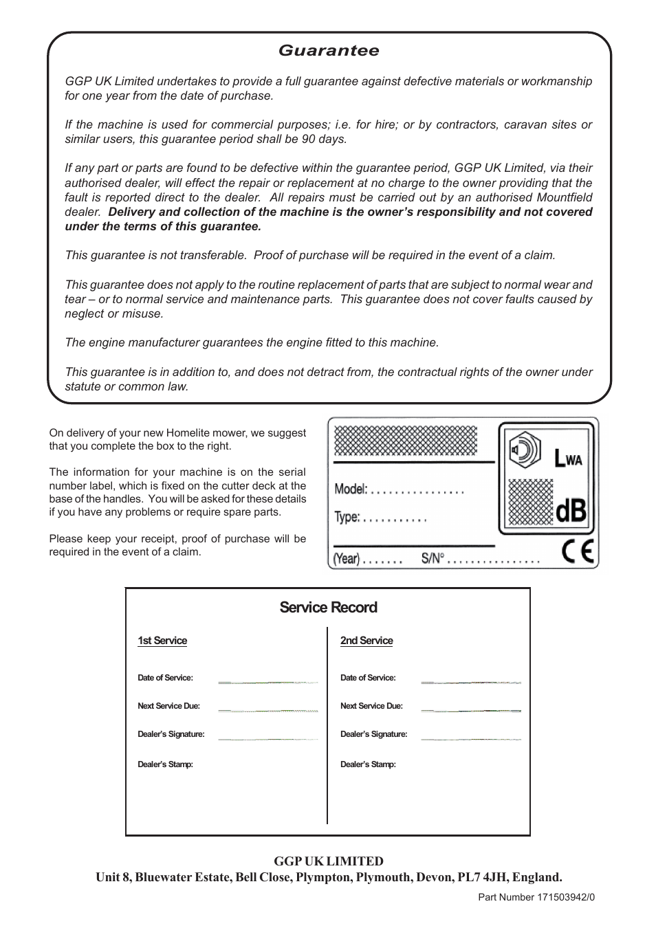 Guarantee, Service record | Homelite HL454HP User Manual | Page 8 / 8