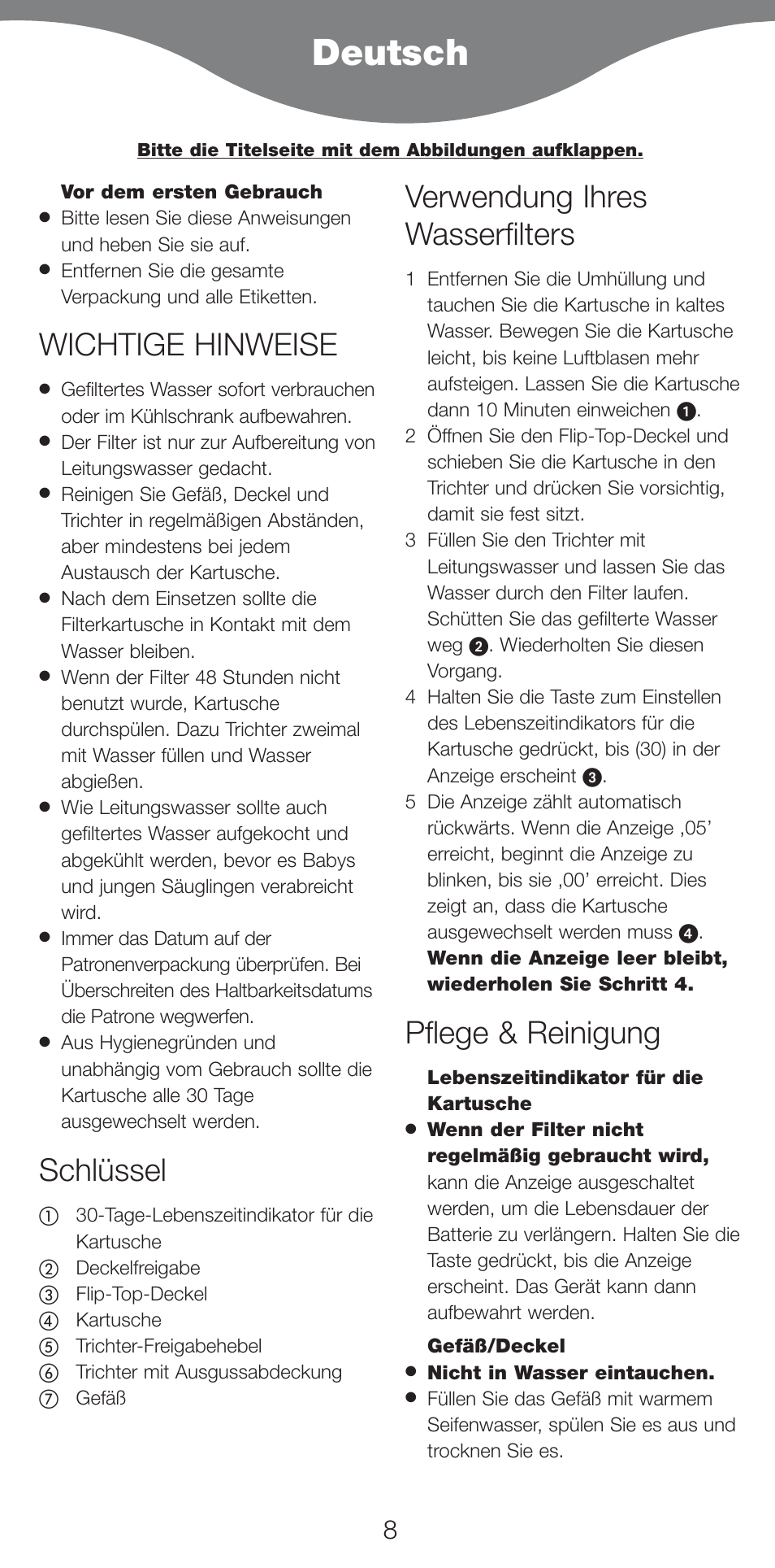 Deutsch, Wichtige hinweise, Schlüssel | Verwendung ihres wasserfilters, Pflege & reinigung | Kenwood WF970 User Manual | Page 11 / 40