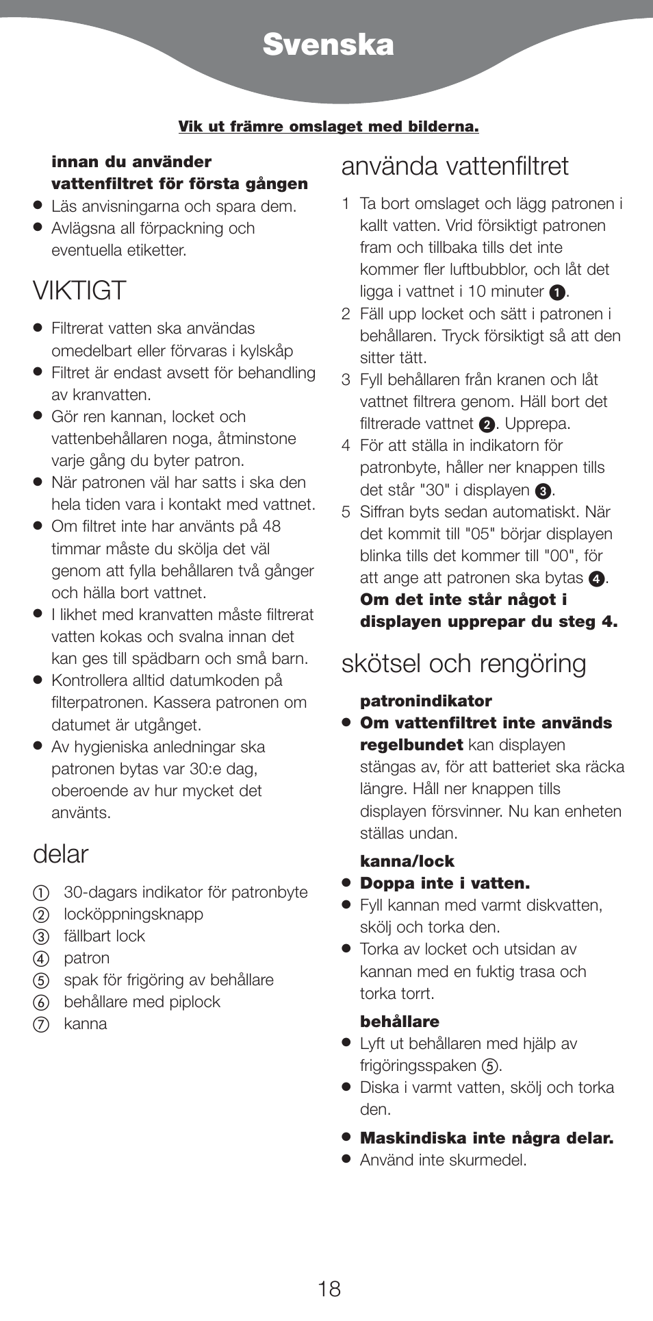 Svenska, Viktigt, Delar | Använda vattenfiltret, Skötsel och rengöring | Kenwood WF970 User Manual | Page 21 / 40