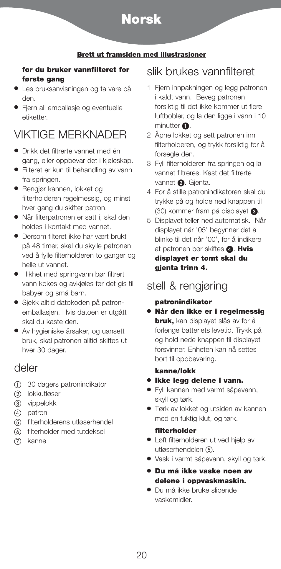 Norsk, Viktige merknader, Deler | Slik brukes vannfilteret, Stell & rengjøring | Kenwood WF970 User Manual | Page 23 / 40