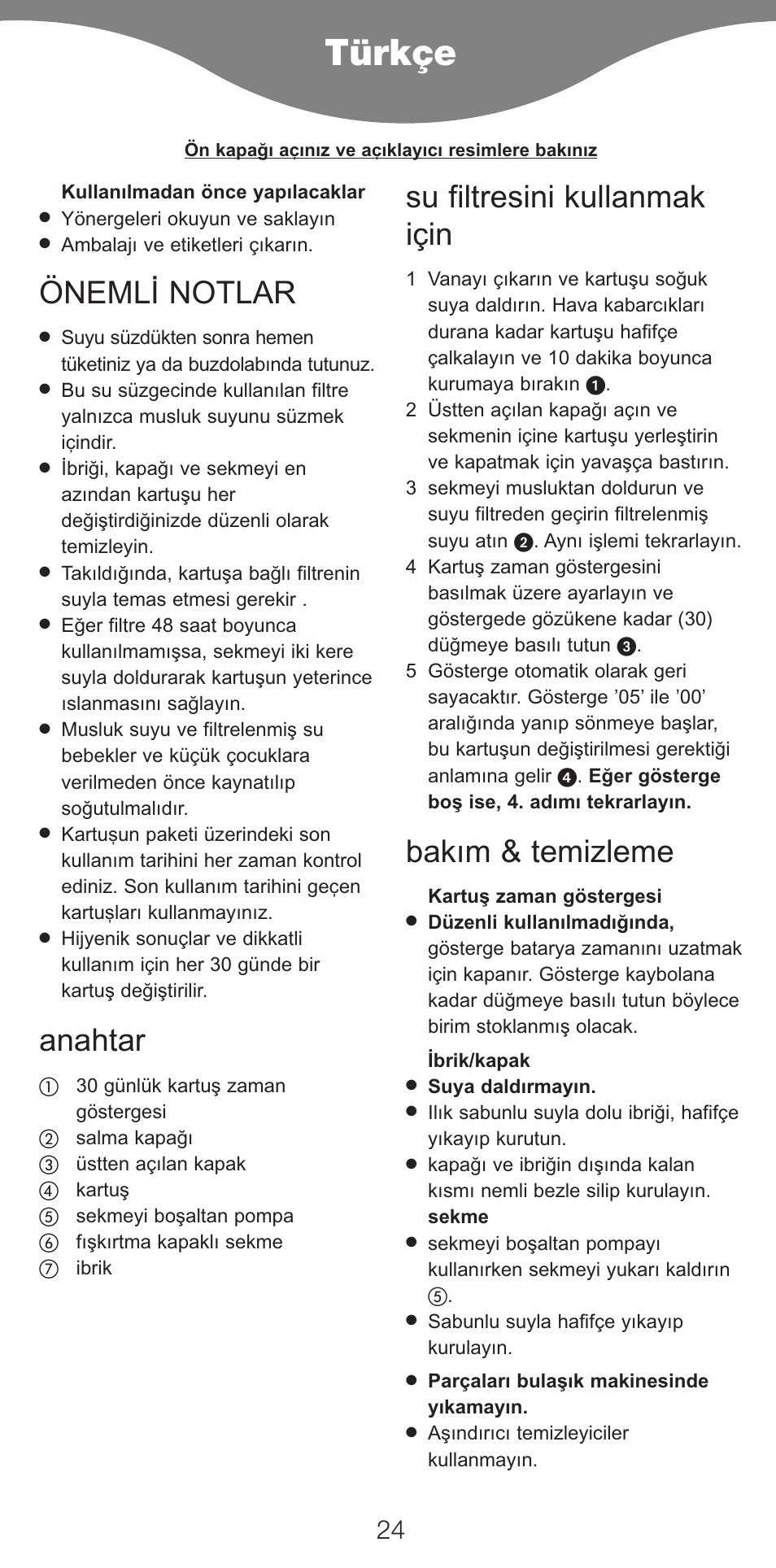 Türkçe, Önemli notlar, Anahtar | Su filtresini kullanmak için, Bakım & temizleme | Kenwood WF970 User Manual | Page 27 / 40