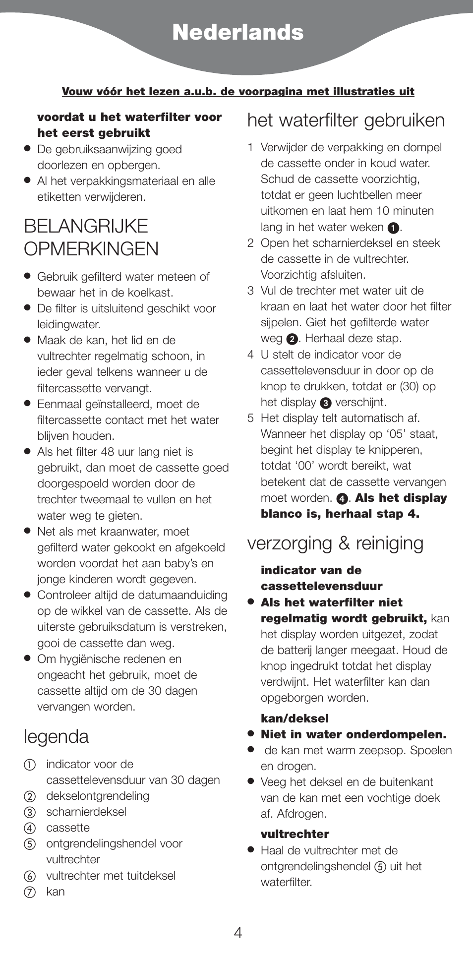 Nederlands, Belangrijke opmerkingen, Legenda | Het waterfilter gebruiken, Verzorging & reiniging | Kenwood WF970 User Manual | Page 7 / 40