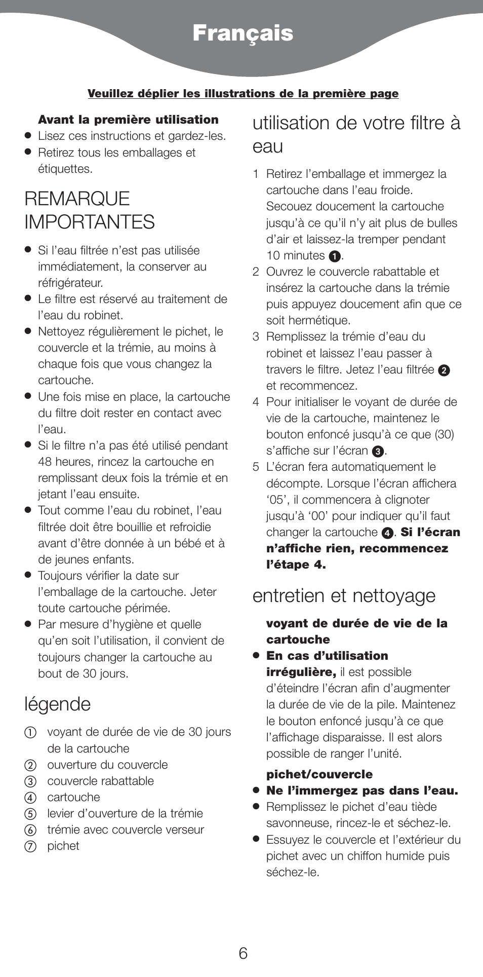 Français, Remarque importantes, Légende | Utilisation de votre filtre à eau, Entretien et nettoyage | Kenwood WF970 User Manual | Page 9 / 40