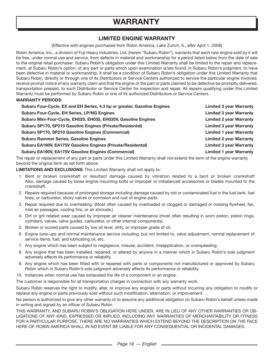 Warranty, Limited engine warranty | Homelite UT905011 User Manual | Page 23 / 64
