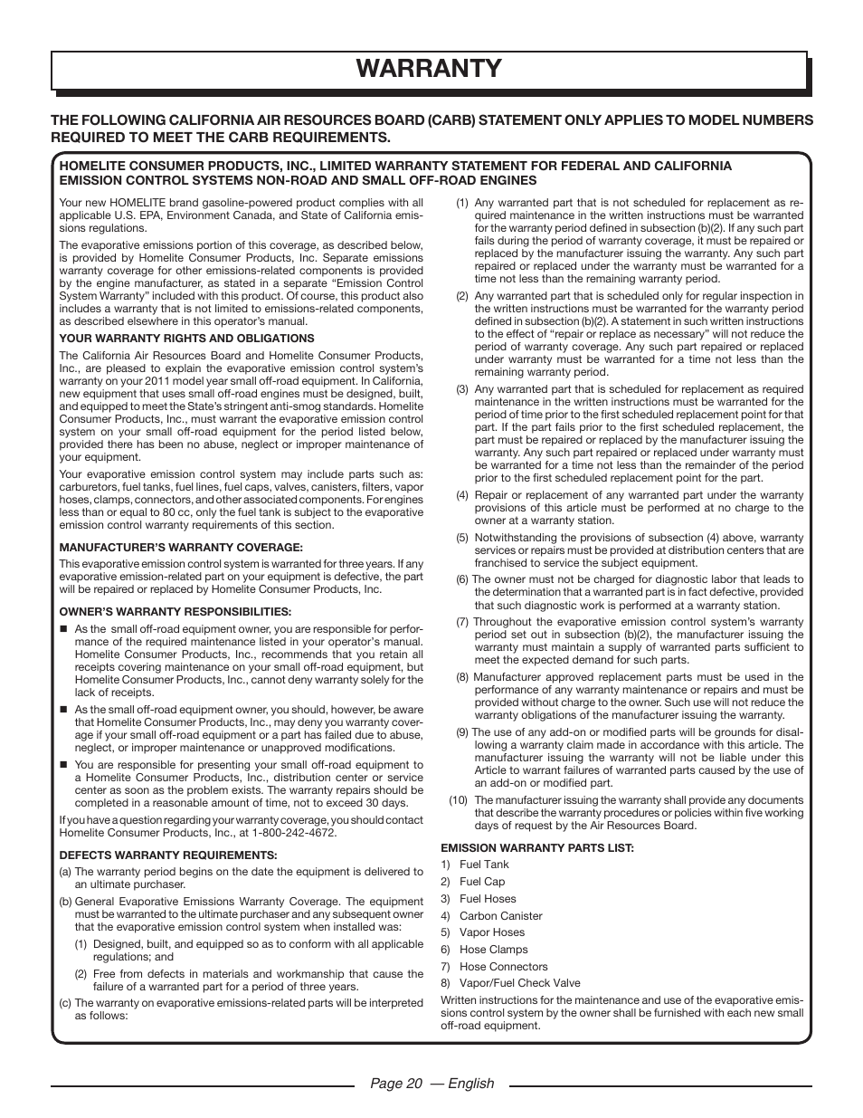 Warranty | Homelite UT905011 User Manual | Page 24 / 64