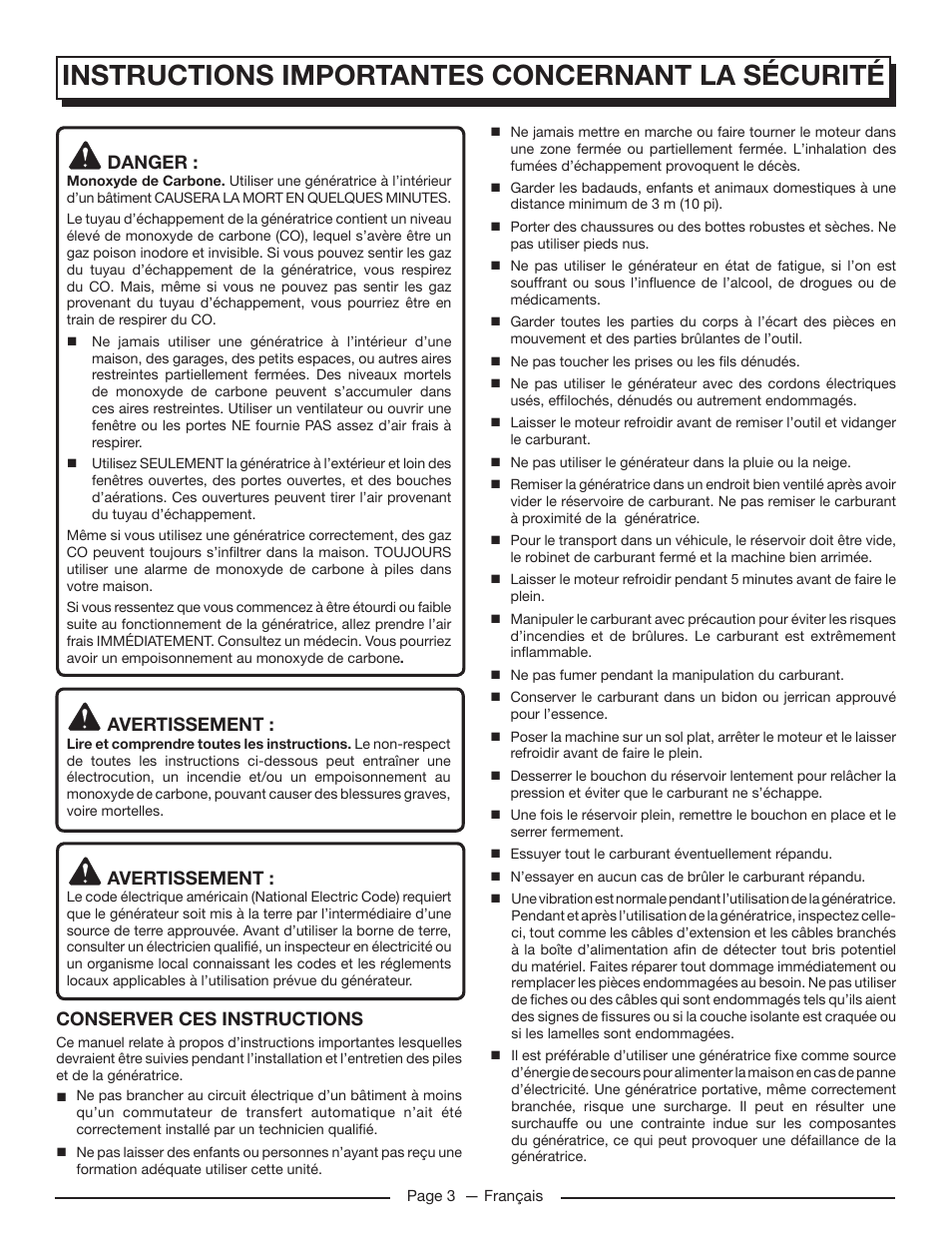 Instructions importantes concernant la sécurité, Danger, Avertissement | Conserver ces instructions | Homelite UT905011 User Manual | Page 26 / 64