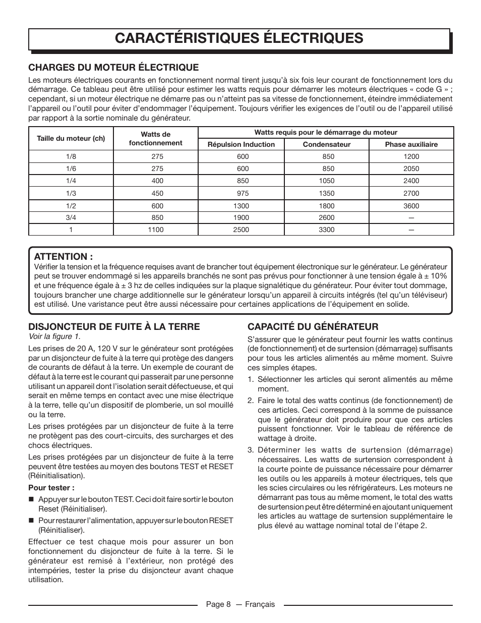 Caractéristiques électriques | Homelite UT905011 User Manual | Page 31 / 64