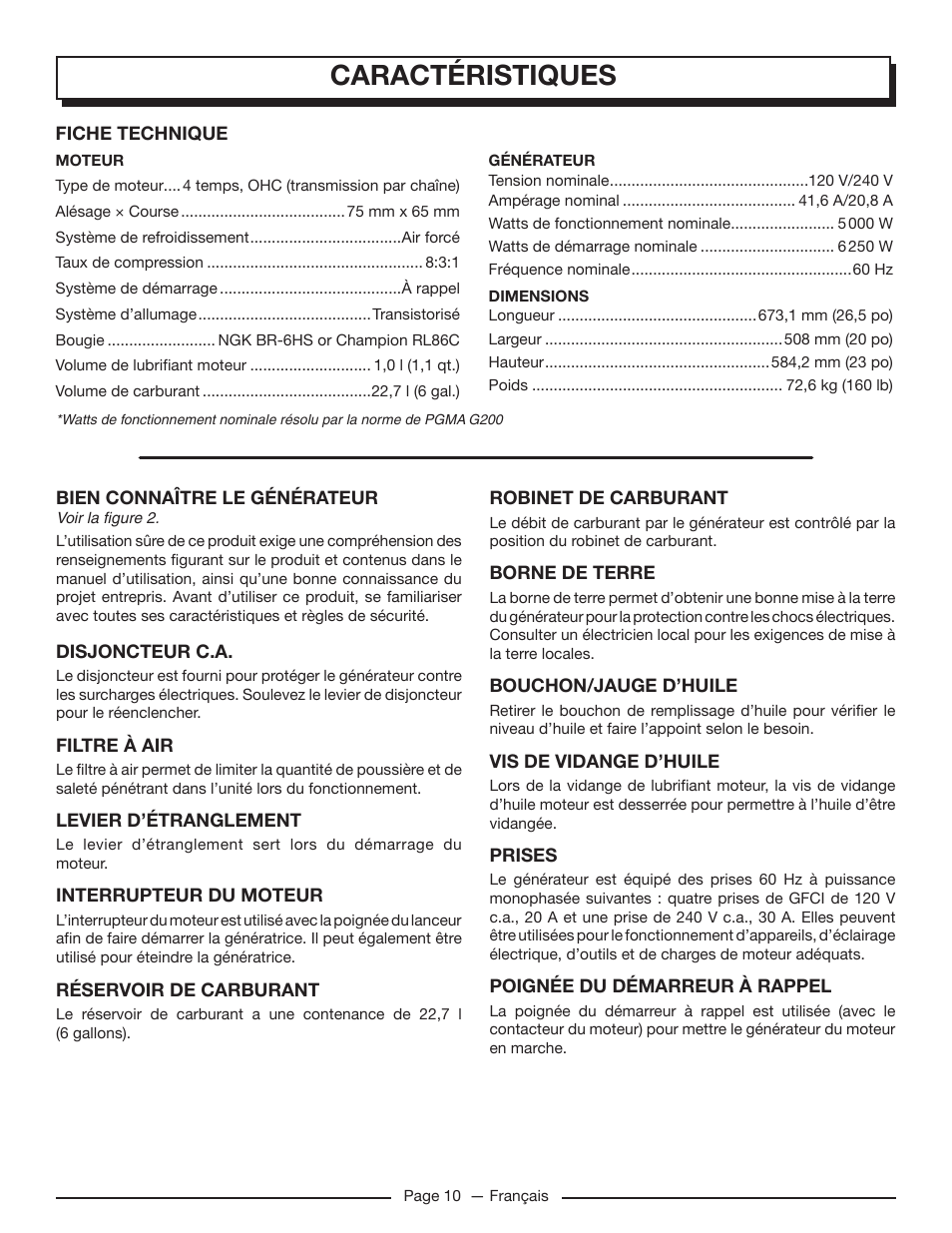 Caractéristiques | Homelite UT905011 User Manual | Page 33 / 64