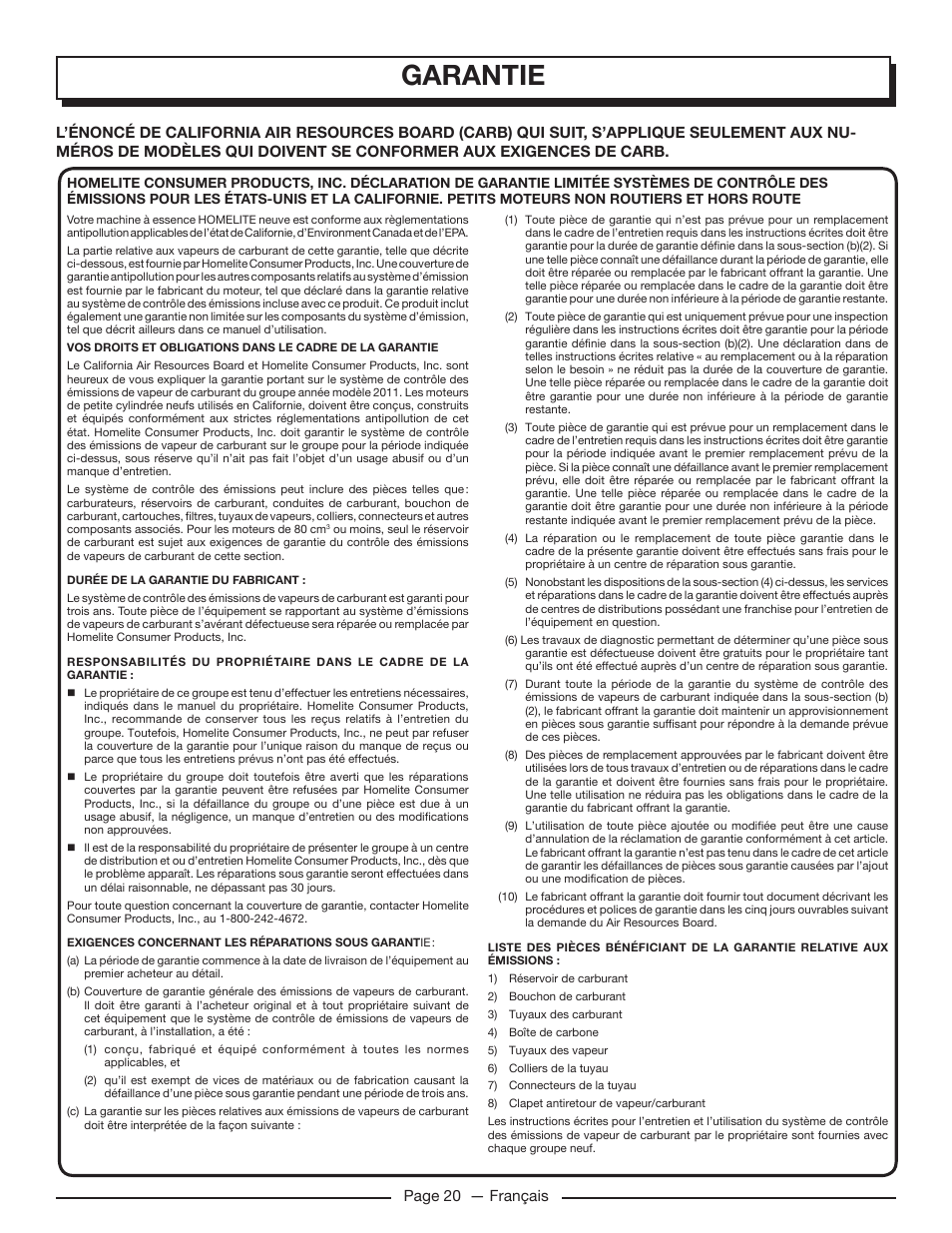 Garantie, Page 20 — français | Homelite UT905011 User Manual | Page 43 / 64