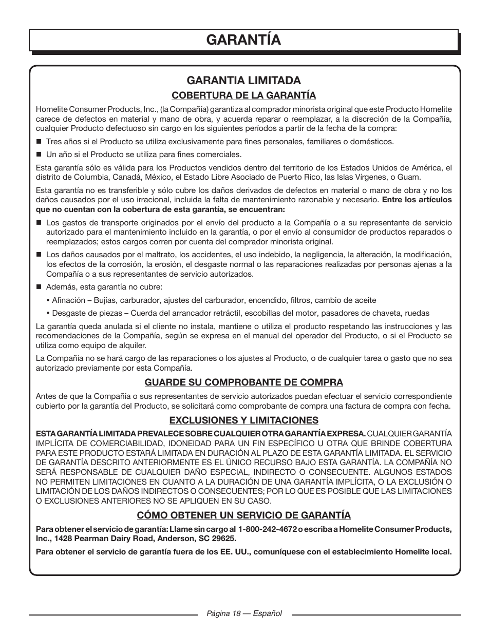 Garantía, Garantia limitada | Homelite UT905011 User Manual | Page 60 / 64