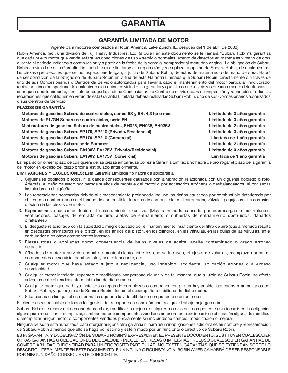Garantía, Garantía limitada de motor | Homelite UT905011 User Manual | Page 61 / 64