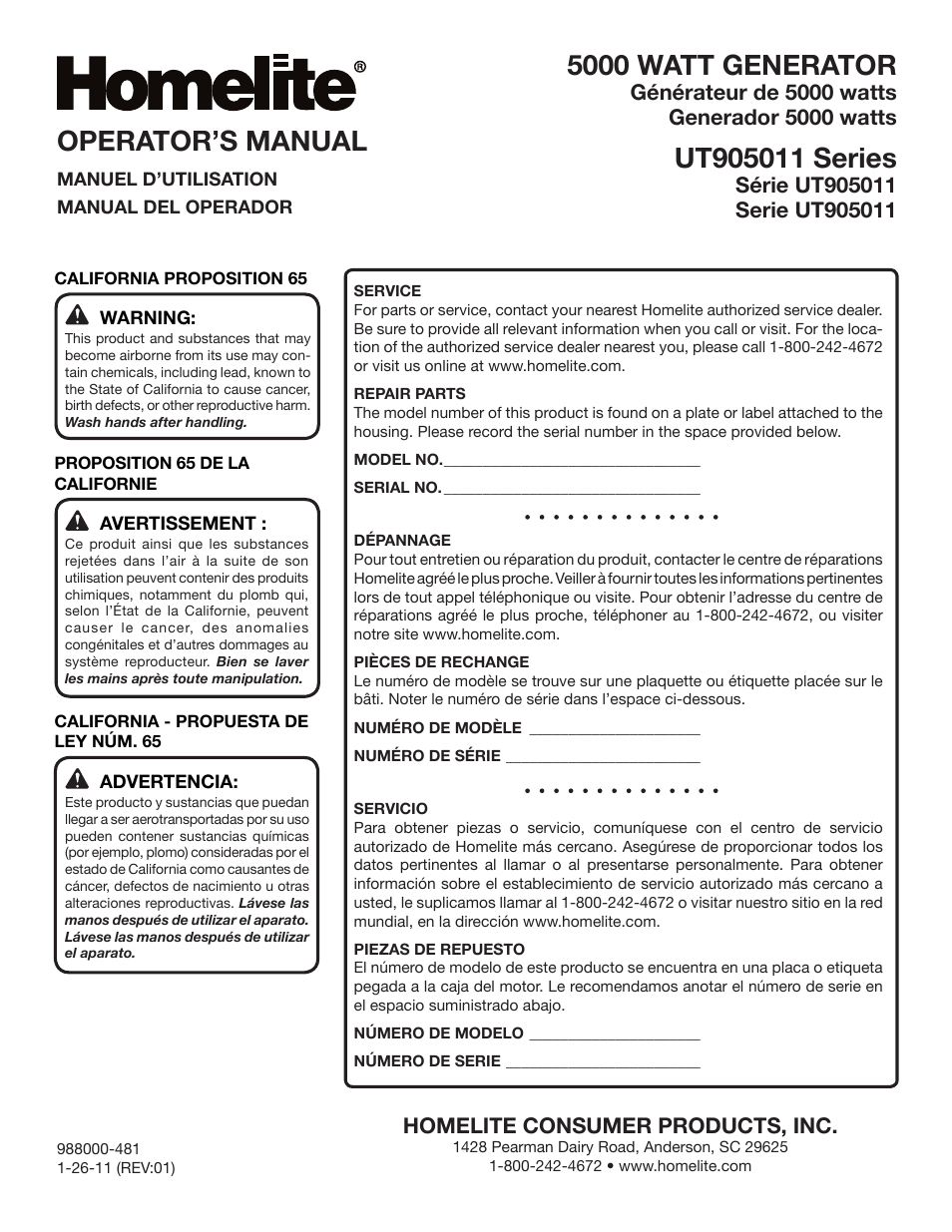 5000 watt generator, Operator’s manual | Homelite UT905011 User Manual | Page 64 / 64