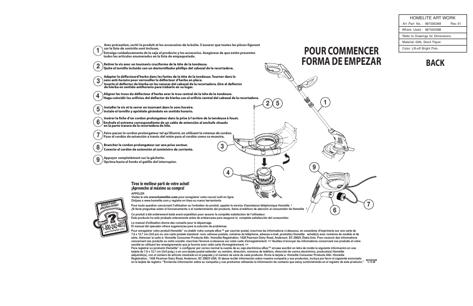 Pour commencer forma de empezar, Back | Homelite 987000388 User Manual | Page 2 / 2