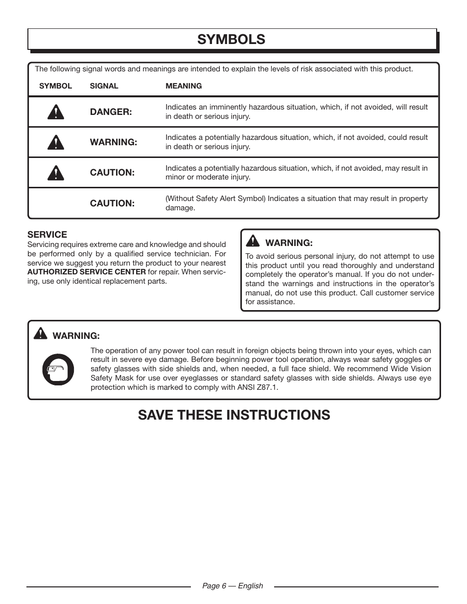 Symbols, Save these instructions | Homelite HLCA80710 User Manual | Page 10 / 52