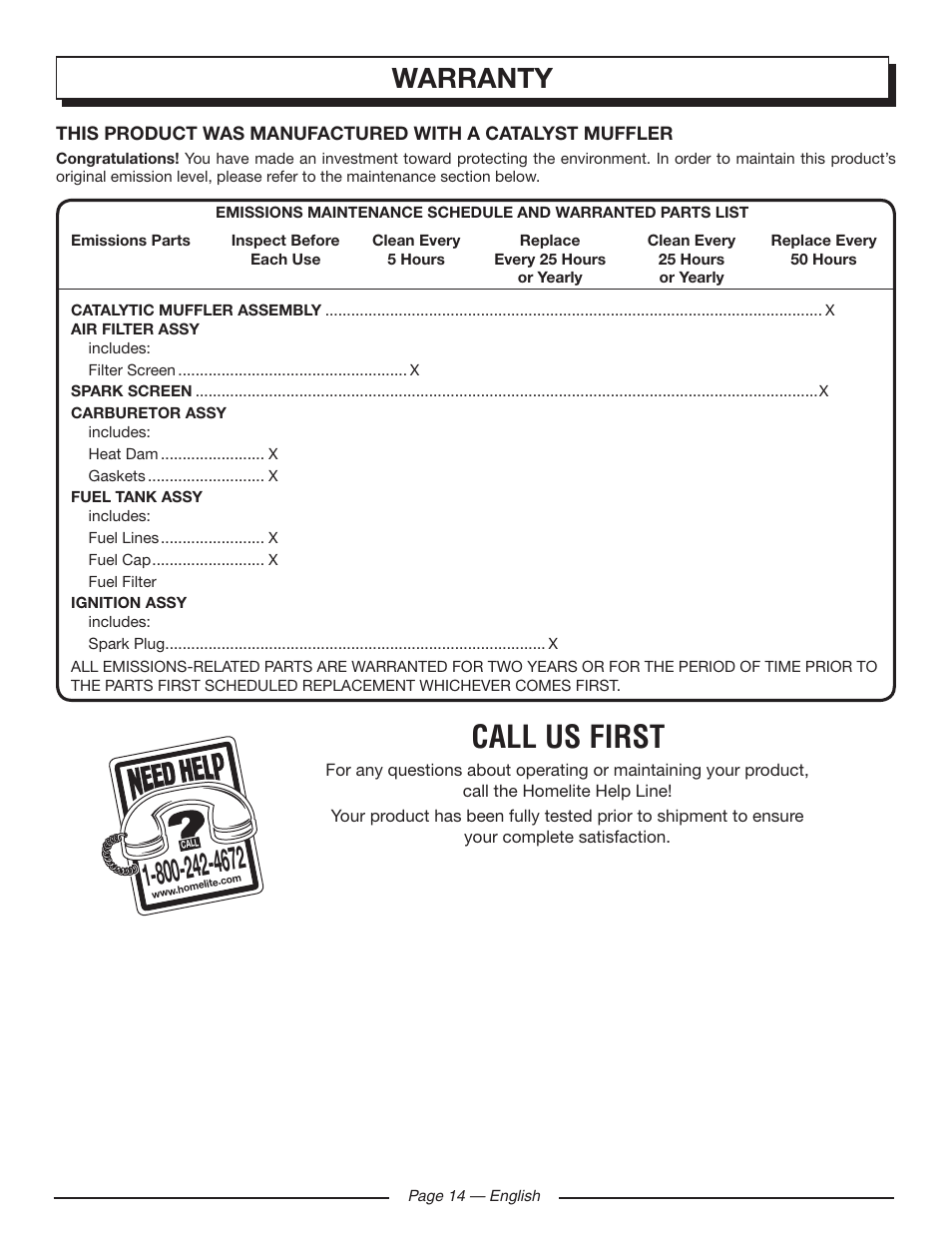 Call us first, Warranty | Homelite HLCA80710 User Manual | Page 18 / 52