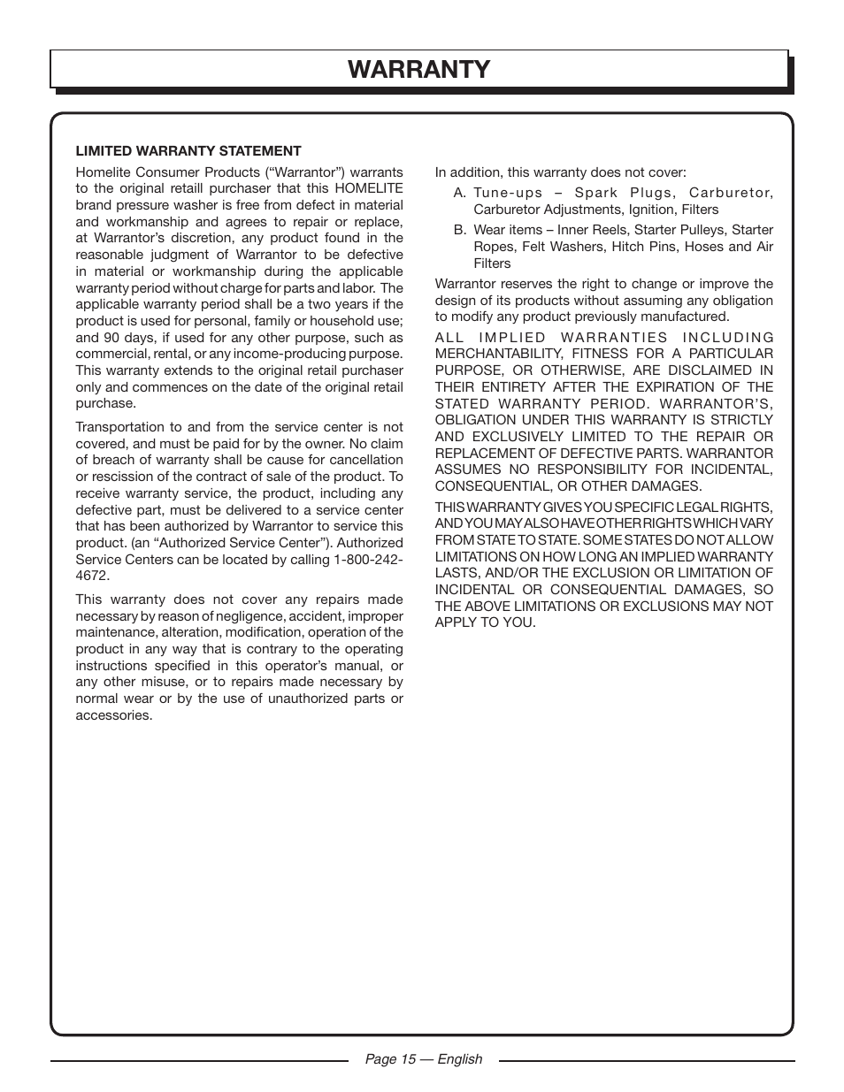 Warranty | Homelite HLCA80710 User Manual | Page 19 / 52