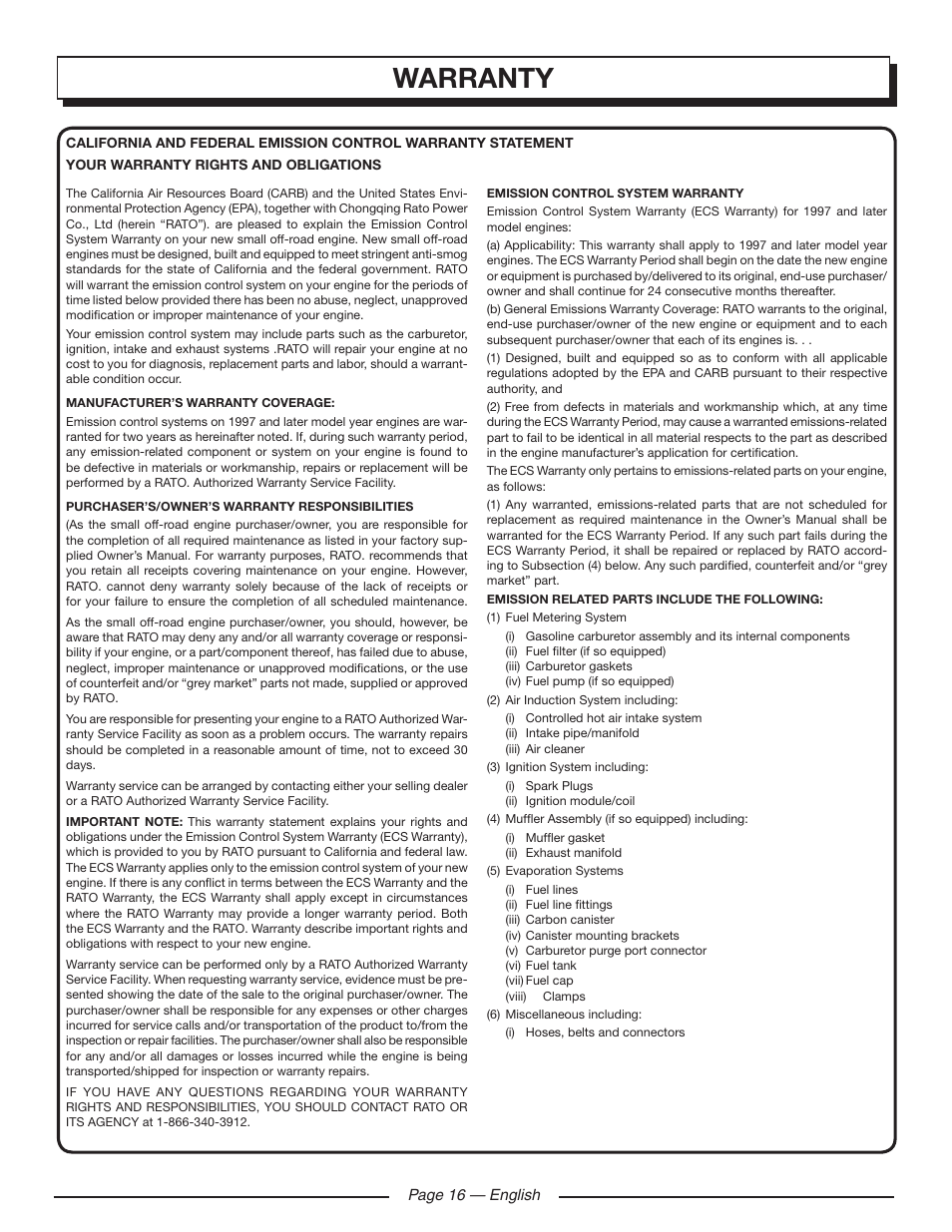 Warranty | Homelite HLCA80710 User Manual | Page 20 / 52