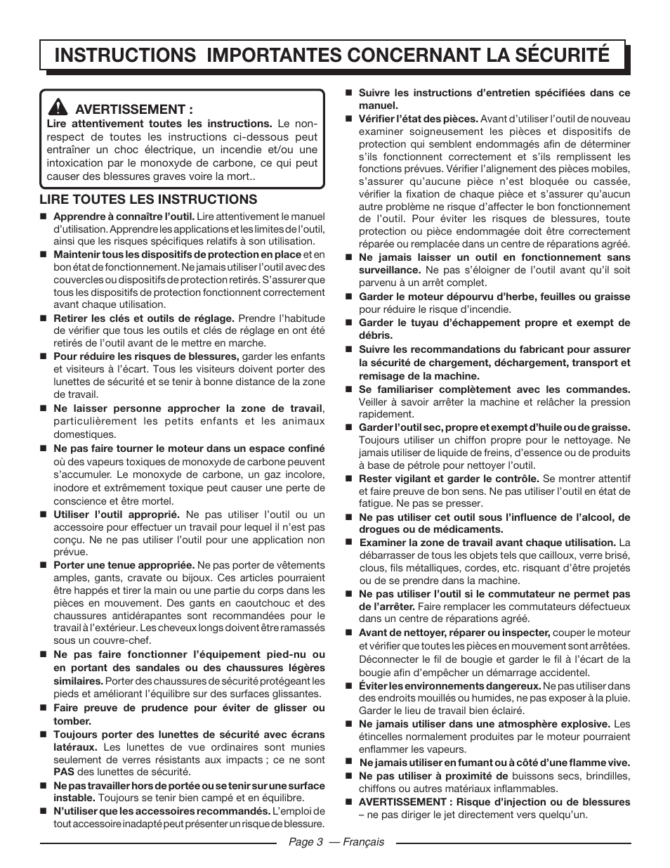 Instructions importantes concernant la sécurité, Avertissement, Lire toutes les instructions | Homelite HLCA80710 User Manual | Page 21 / 52