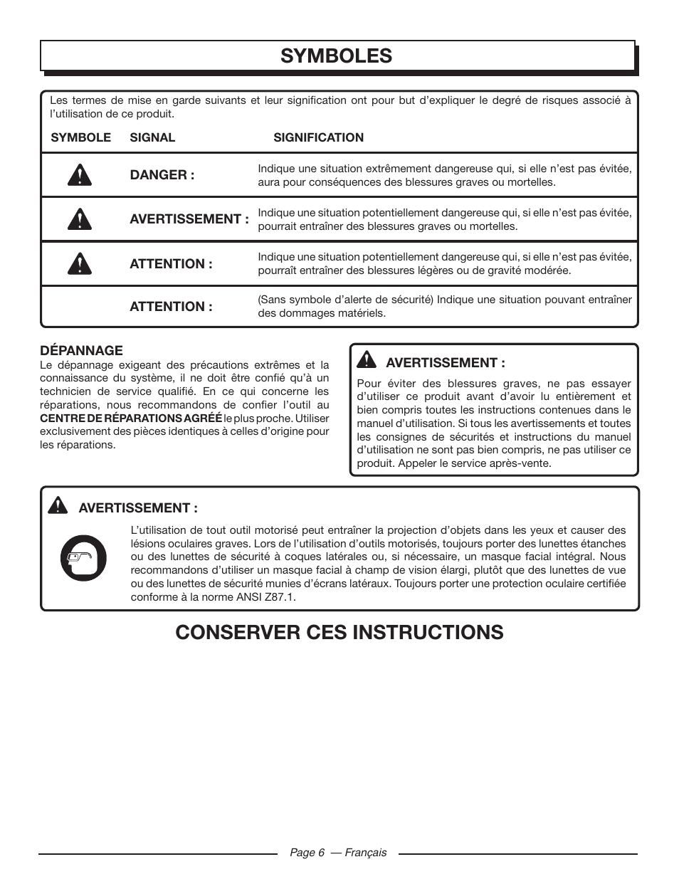 Symboles, Conserver ces instructions | Homelite HLCA80710 User Manual | Page 24 / 52