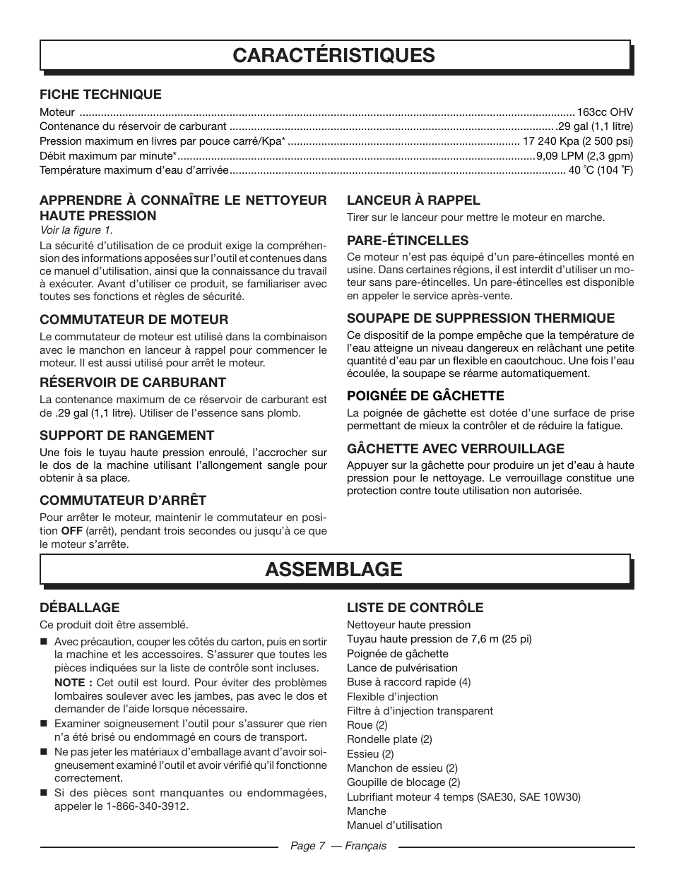 Caractéristiques, Assemblage | Homelite HLCA80710 User Manual | Page 25 / 52