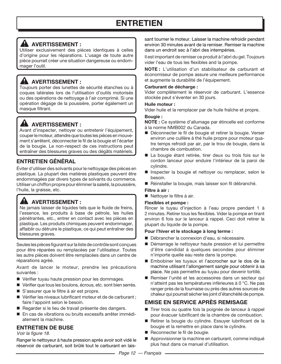 Entretien | Homelite HLCA80710 User Manual | Page 30 / 52