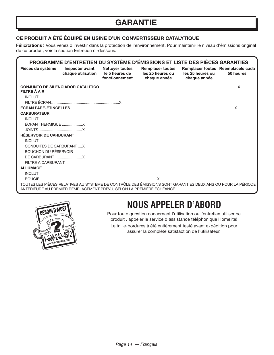 Nous appeler d’abord, Garantie, Besoin d’aid e | Homelite HLCA80710 User Manual | Page 32 / 52