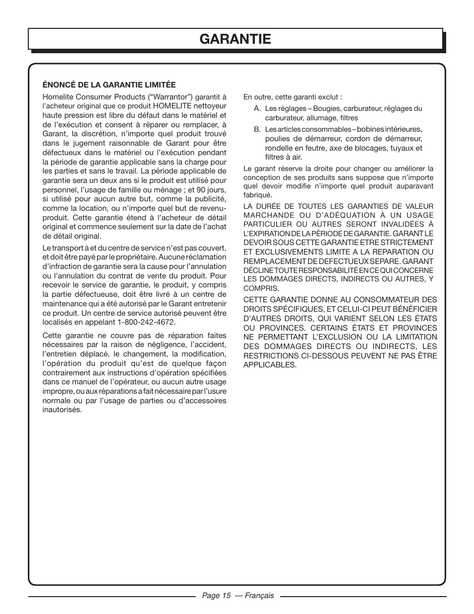 Garantie | Homelite HLCA80710 User Manual | Page 33 / 52