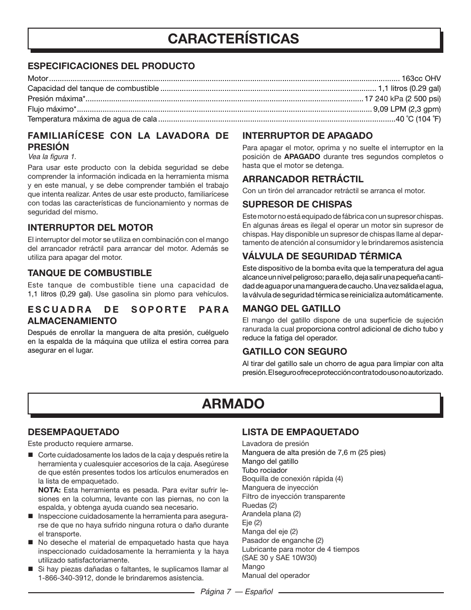 Características, Armado | Homelite HLCA80710 User Manual | Page 39 / 52