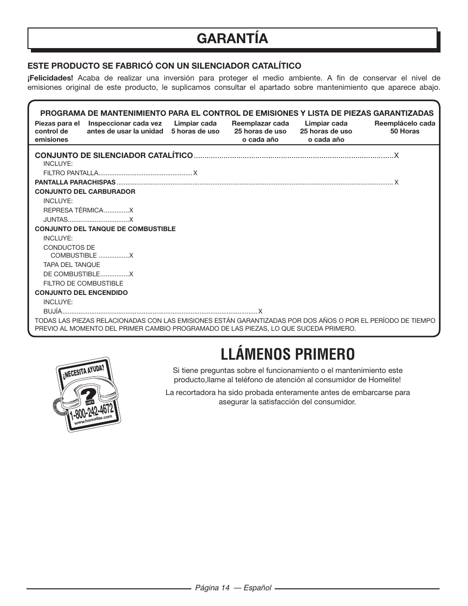 Llámenos primero, Garantía | Homelite HLCA80710 User Manual | Page 46 / 52