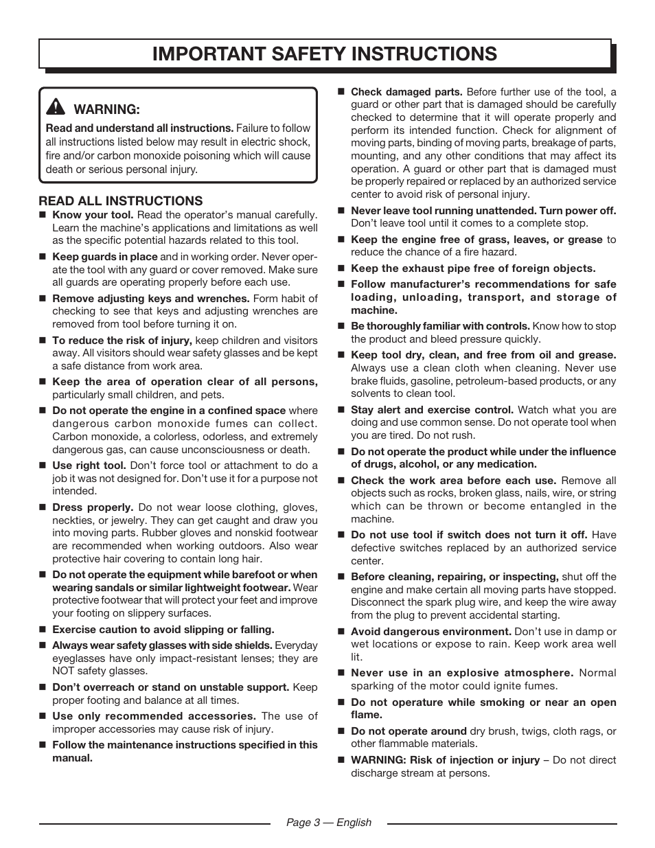 Important safety instructions, Warning | Homelite HLCA80710 User Manual | Page 7 / 52