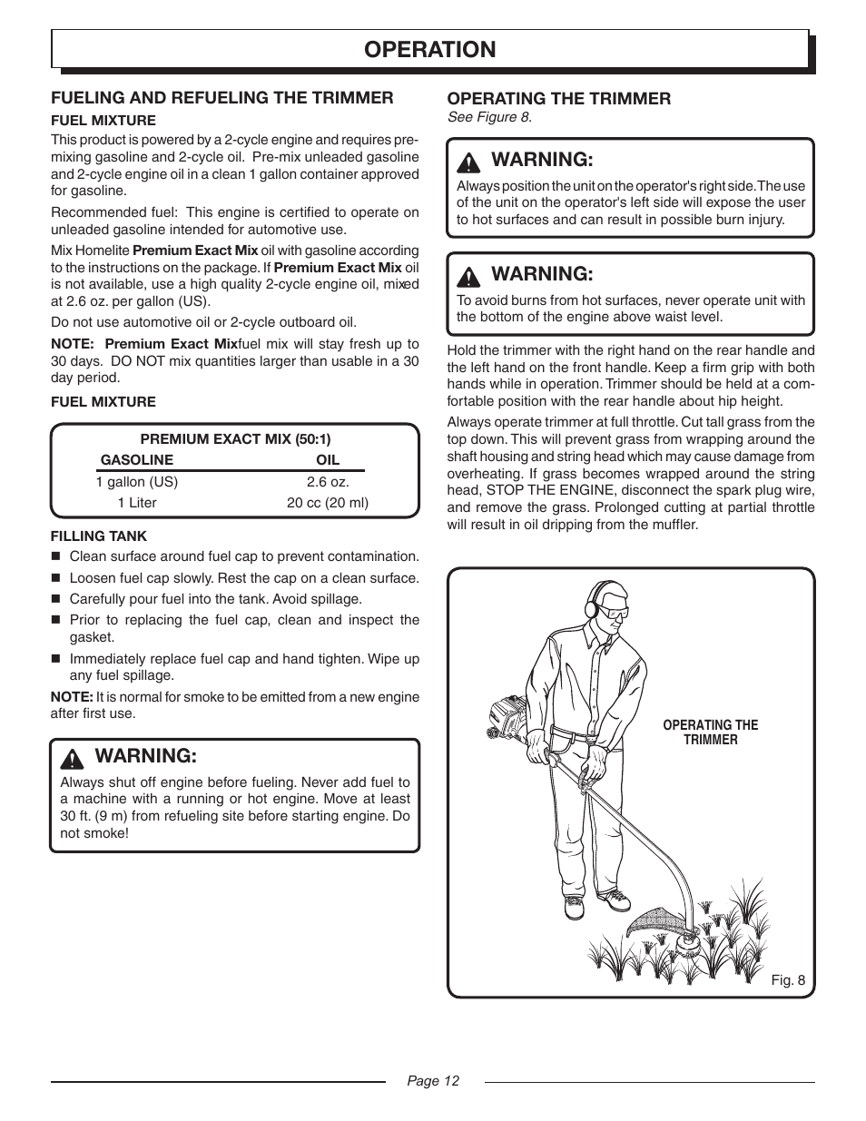 Operation, Warning | Homelite UT20045 User Manual | Page 12 / 24