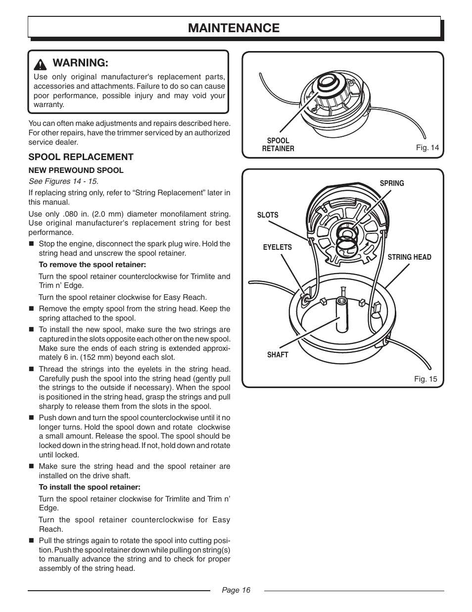 Maintenance, Warning | Homelite UT20045 User Manual | Page 16 / 24