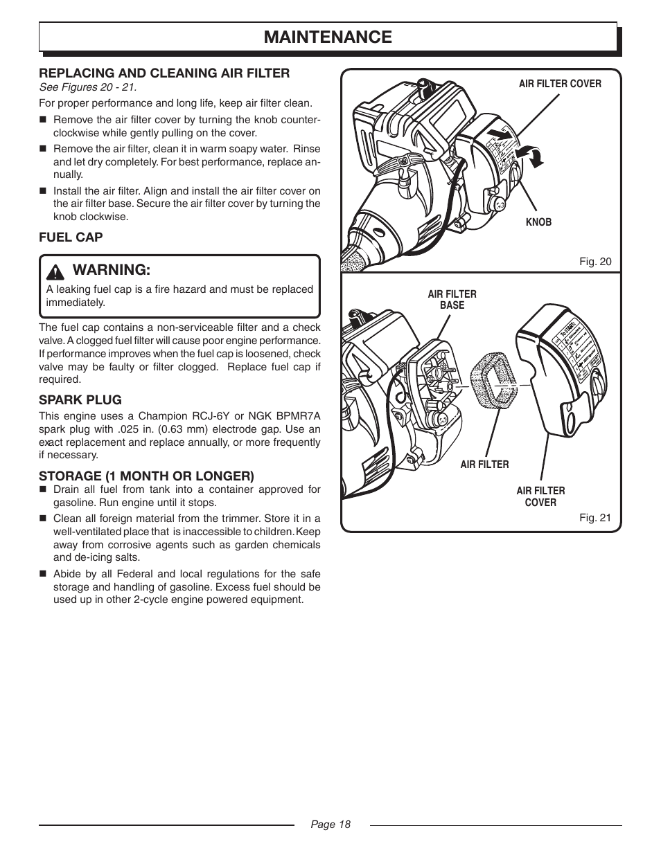 Maintenance, Warning | Homelite UT20045 User Manual | Page 18 / 24