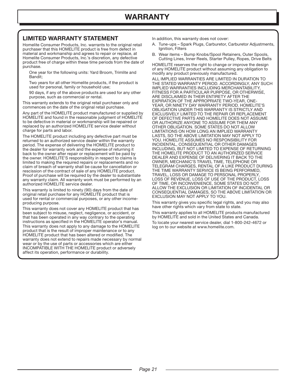 Warranty, Limited warranty statement | Homelite UT20045 User Manual | Page 21 / 24
