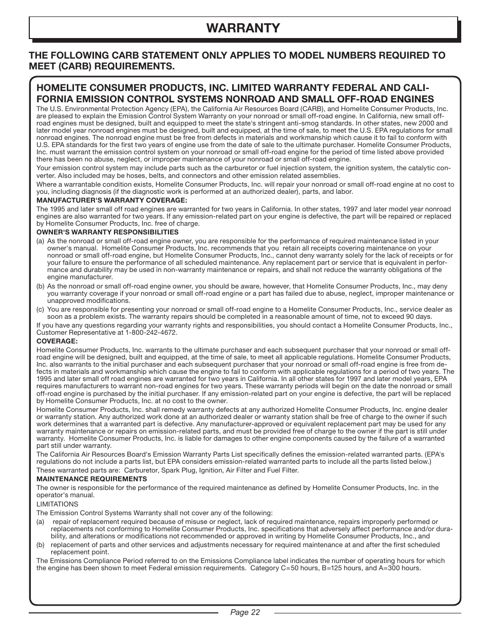Warranty | Homelite UT20045 User Manual | Page 22 / 24