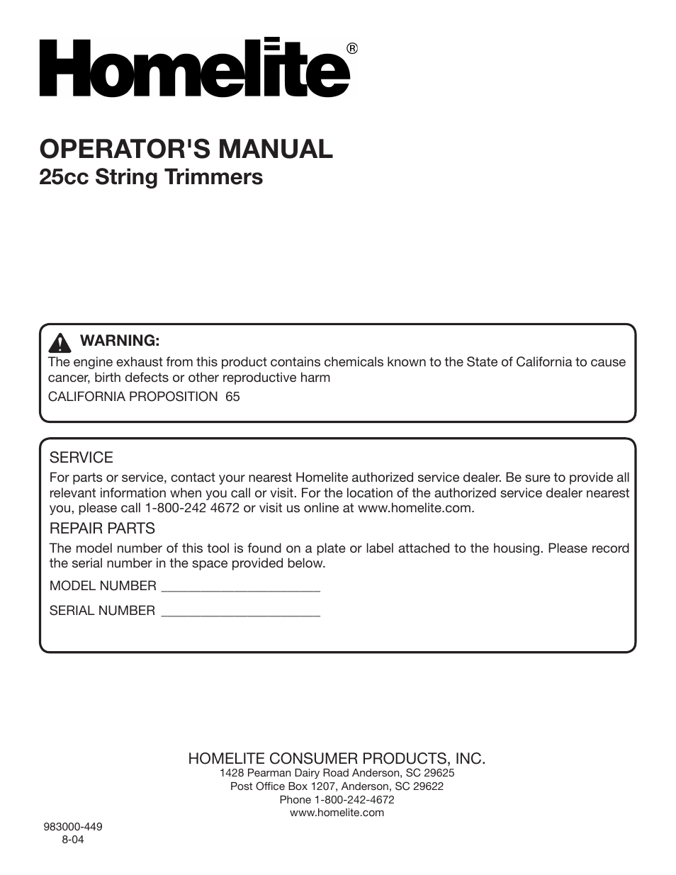 Operator's manual, 25cc string trimmers | Homelite UT20045 User Manual | Page 24 / 24