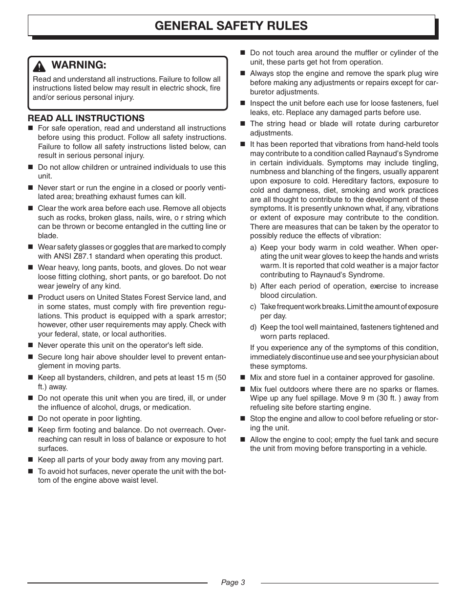 General safety rules, Warning | Homelite UT20045 User Manual | Page 3 / 24