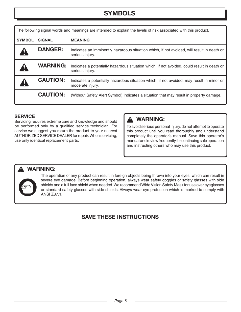 Symbols, Danger, Warning | Caution, Warning: save these instructions | Homelite UT20045 User Manual | Page 6 / 24