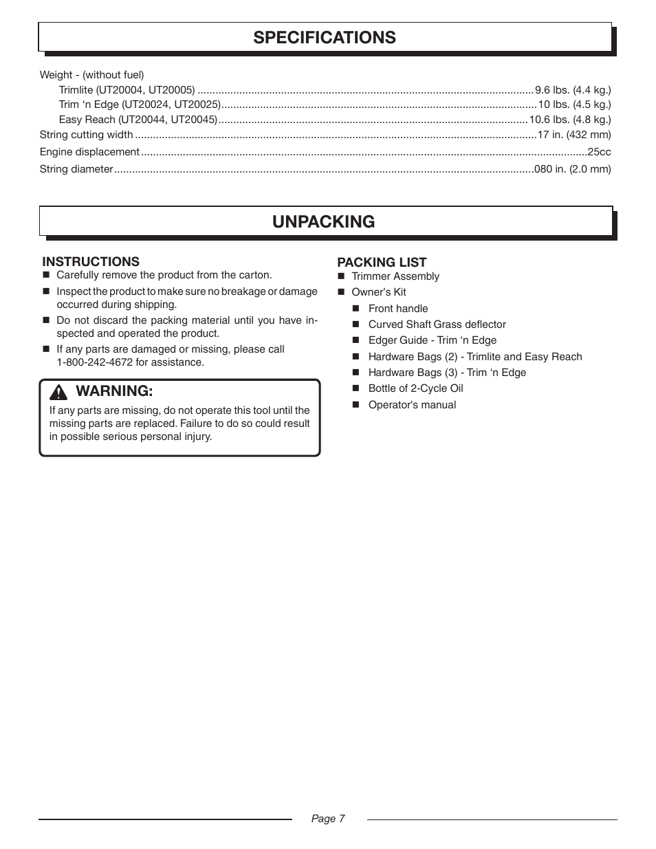 Specifications features unpacking, Warning | Homelite UT20045 User Manual | Page 7 / 24
