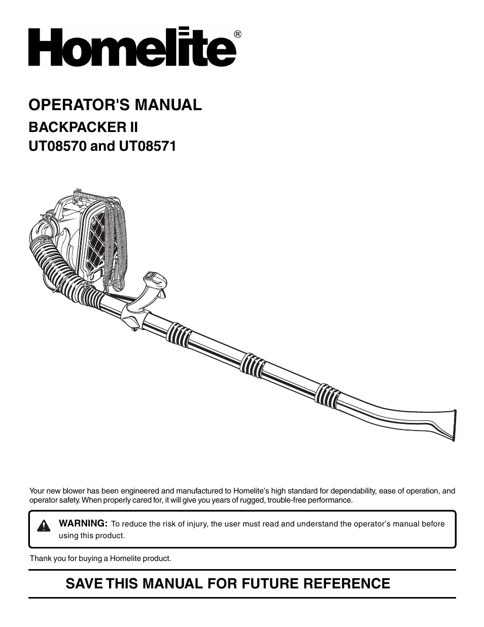 Homelite BACKPACKER II UT08571 User Manual | 18 pages