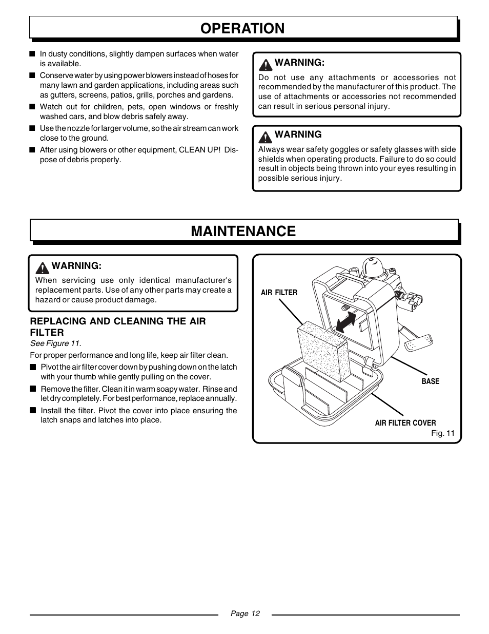 Operation maintenance | Homelite BACKPACKER II UT08571 User Manual | Page 12 / 18