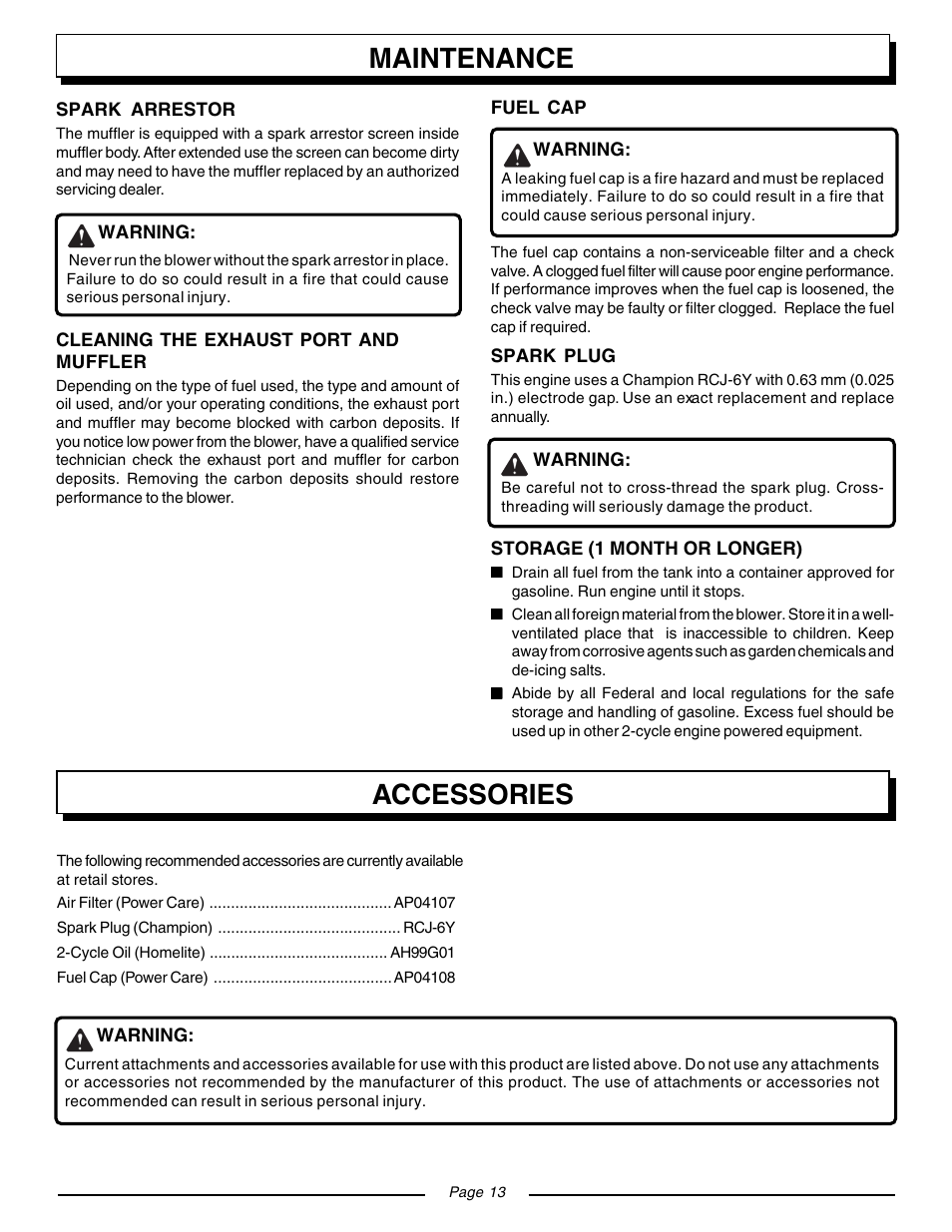 Maintenance, Accessories | Homelite BACKPACKER II UT08571 User Manual | Page 13 / 18