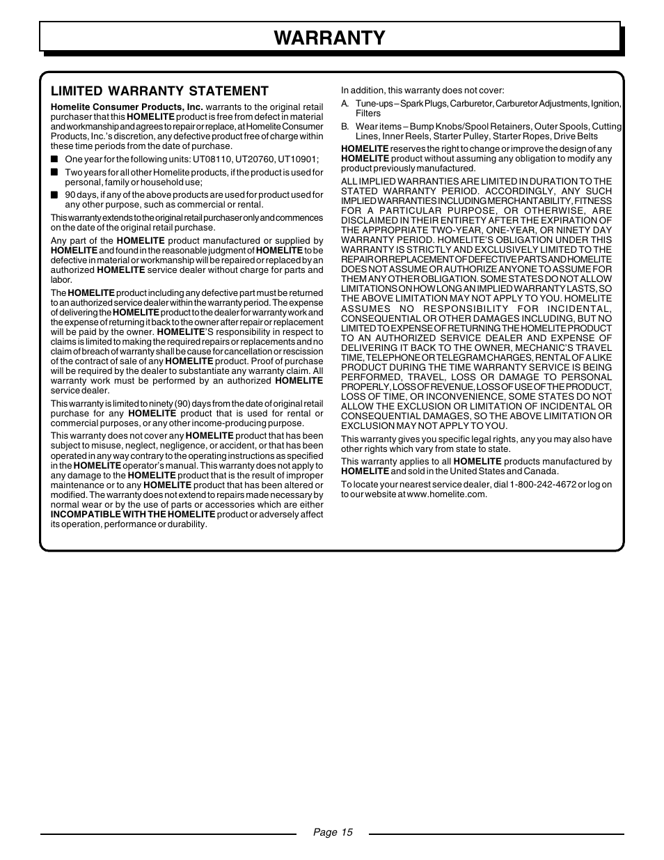 Warranty, Limited warranty statement | Homelite BACKPACKER II UT08571 User Manual | Page 15 / 18