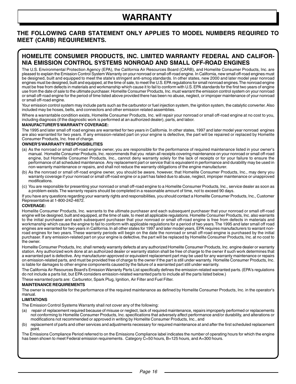 Warranty | Homelite BACKPACKER II UT08571 User Manual | Page 16 / 18