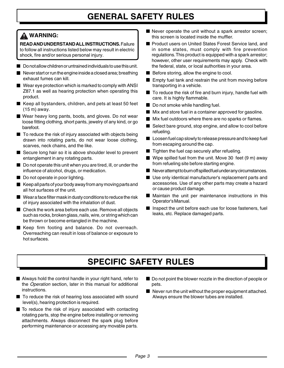 General safety rules, Specific safety rules | Homelite BACKPACKER II UT08571 User Manual | Page 3 / 18