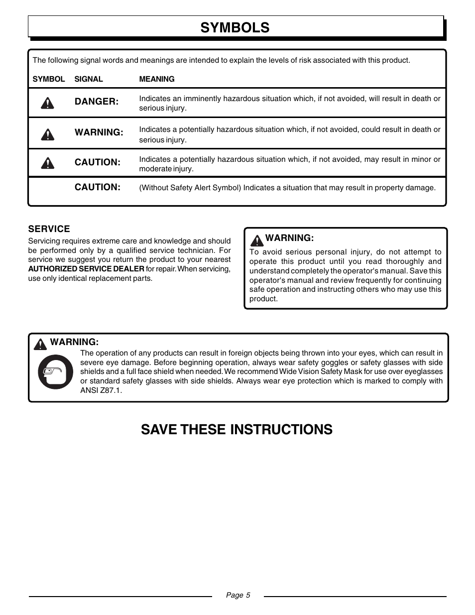 Symbols save these instructions | Homelite BACKPACKER II UT08571 User Manual | Page 5 / 18