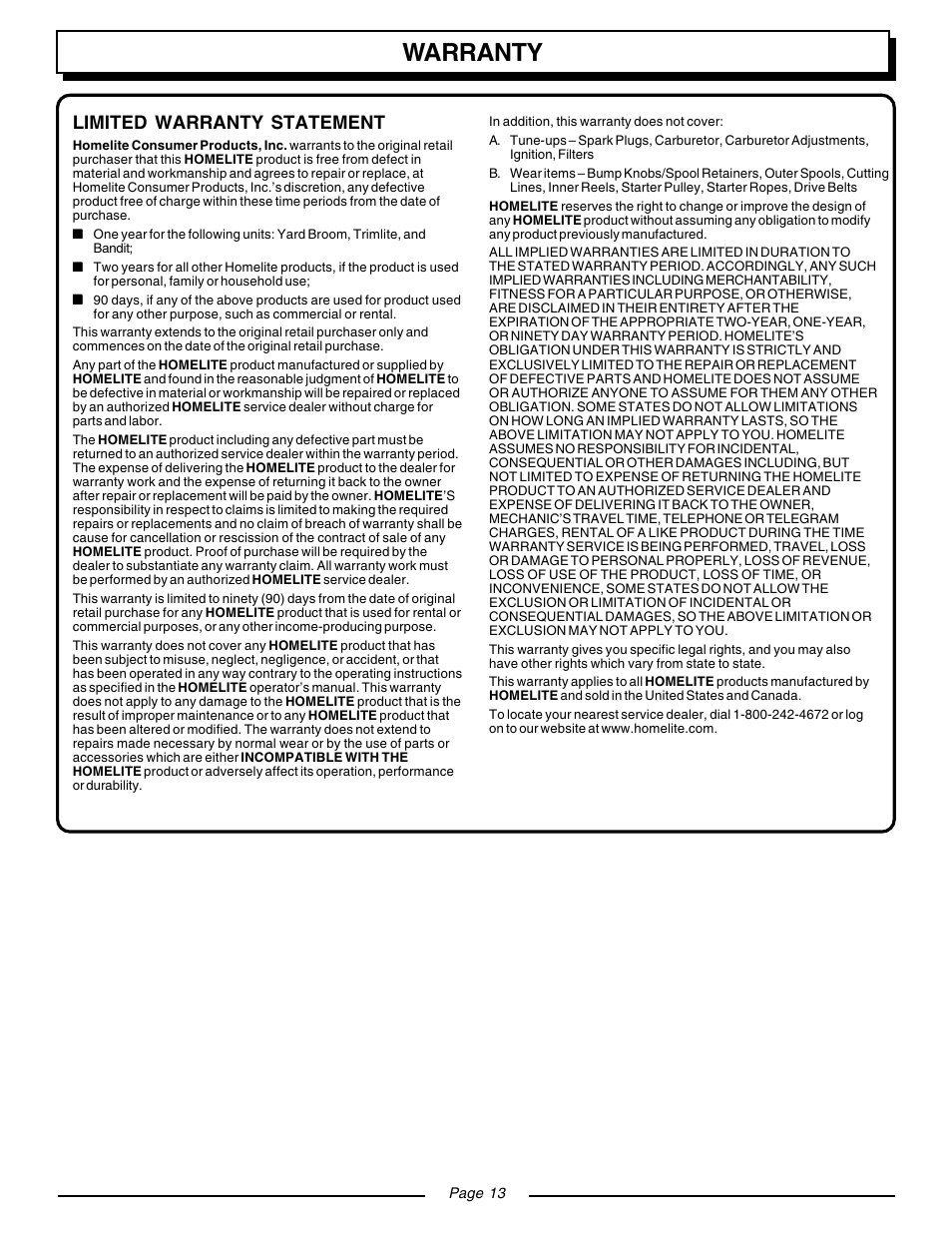 Warranty, Limited warranty statement | Homelite UT08120 User Manual | Page 13 / 16