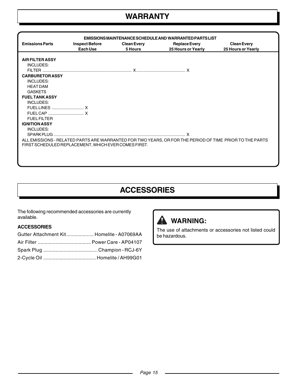 Warranty, Accessories, Warning | Homelite UT08120 User Manual | Page 15 / 16