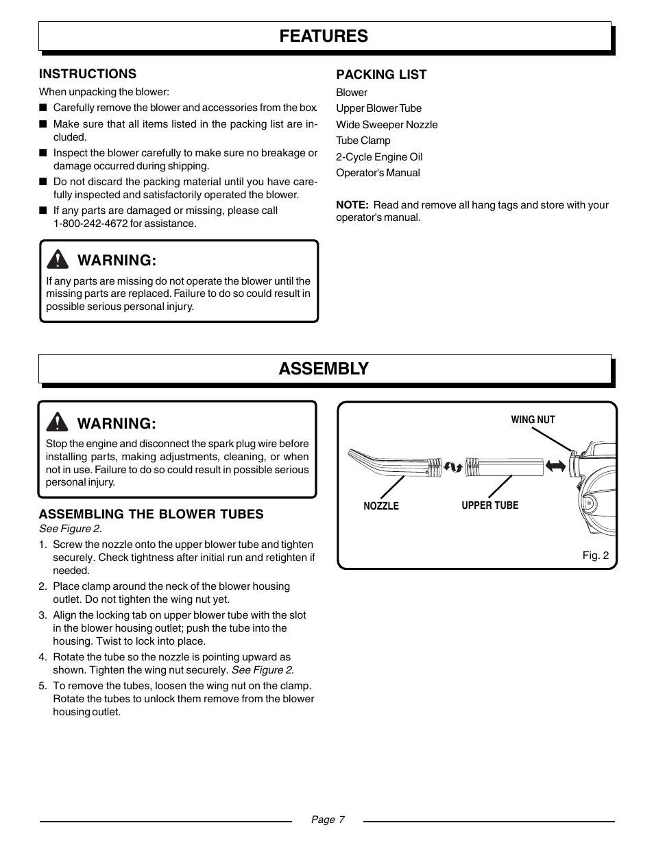 Features, Assembly, Warning | Homelite UT08120 User Manual | Page 7 / 16